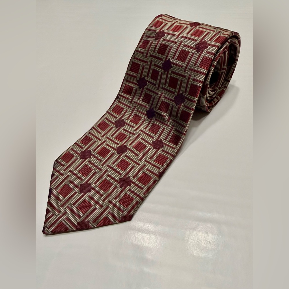 Lavin Paris Men's Designer Necktie Red Silver Abstract Geometric Silk France